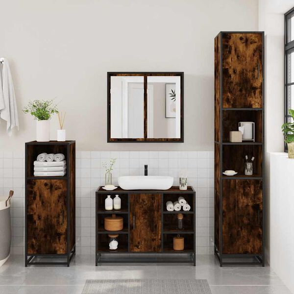 vidaXL Bathroom Furniture Set Smoked Oak Engineered wood, metal, glass