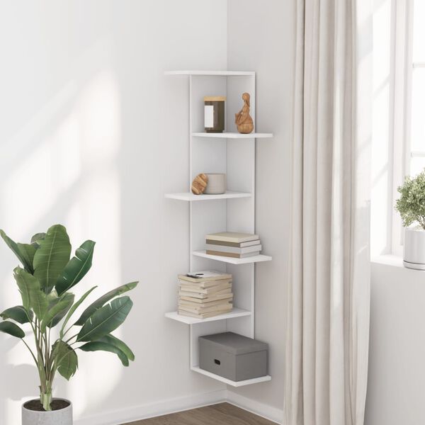 vidaXL Wall Corner Shelf White Engineered Wood 14.4 x 14.4 x 55.1 in