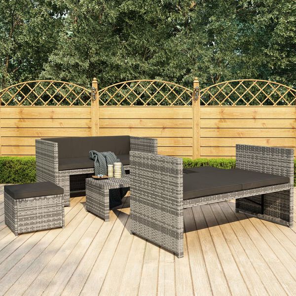vidaXL 5 Piece Patio Lounge Set with Cushions Poly Rattan Grey