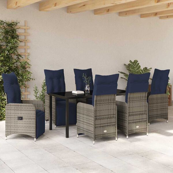 vidaXL Table and Chair Set with Cushion 7 pcs Grey PE Rattan