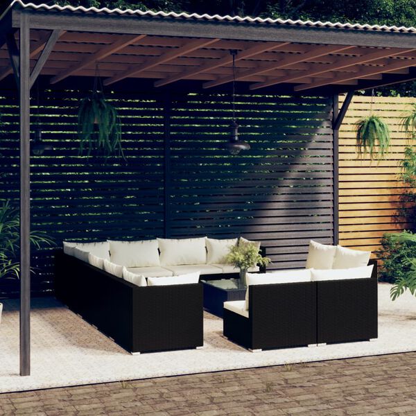 vidaXL Garden Lounge Set Black PE Rattan, Powder-Coated Steel, Polyester