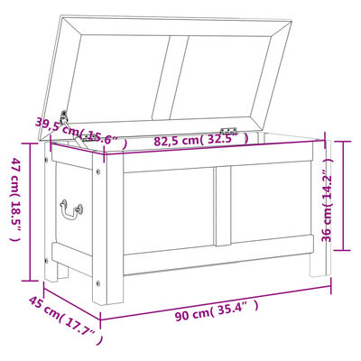 Diagram with dimensions of the storage bench: 90 cm length, 45 cm width, 47 cm height, lid height 36 cm.