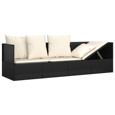 Six-seat black wicker sofa with beige cushions and a reclining section