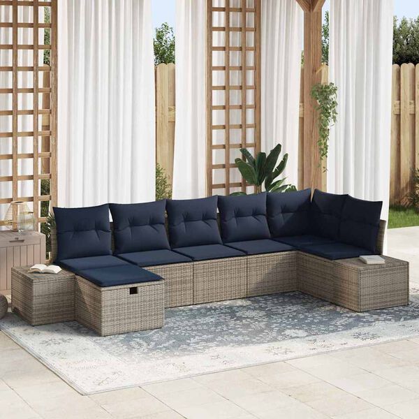 vidaXL Garden Sofa Set with Cushion 7 pcs Grey Poly Rattan