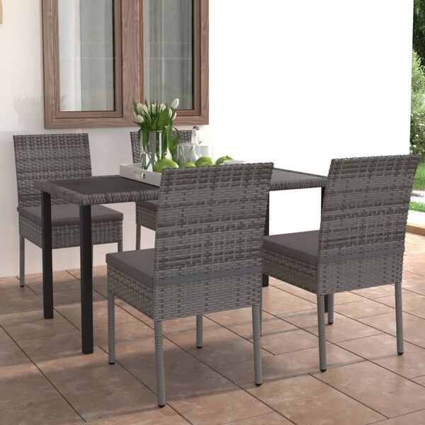 vidaXL Dining Set Grey and Black Poly rattan, Powder-Coated Steel, Glass