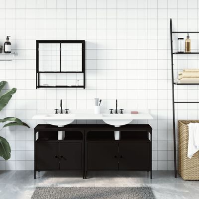 Bathroom vanity with double sinks and black base cabinets set against tiled wall, wall shelf to the right.