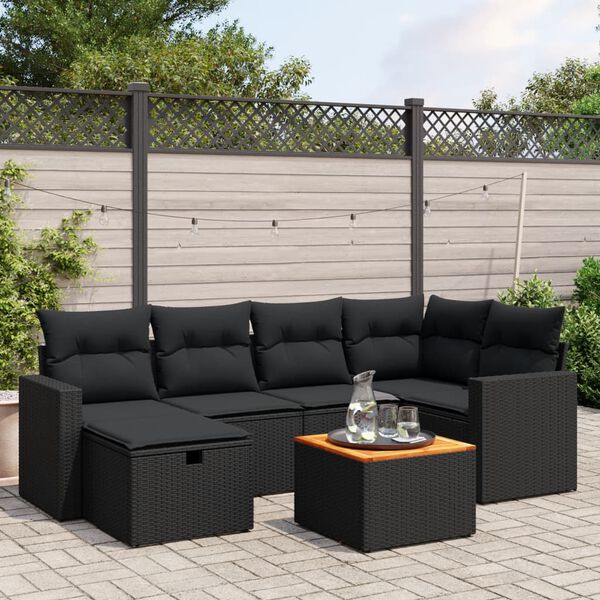 vidaXL 7 Piece Patio Sofa Set with Cushions Black Poly Rattan