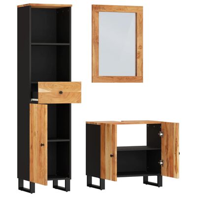 Tall black cabinet with wooden door, a wall-mounted mirror, and a lower cabinet with doors; matching pieces.