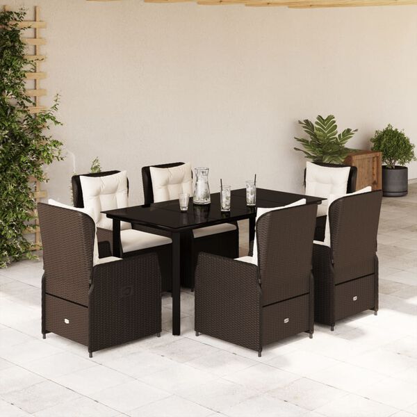 vidaXL 7 Piece Patio Dining Set with Cushions Brown Poly Rattan