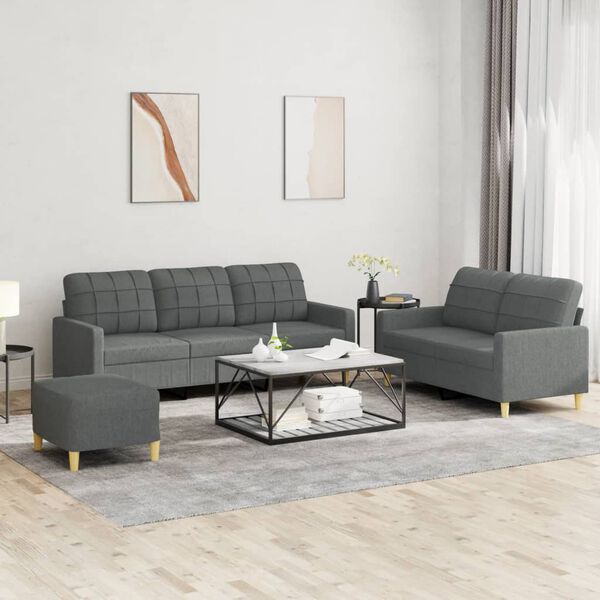 vidaXL Sofa Set Dark Grey Fabric 2-Seater, 3-Seater, Footstool Sofa Set