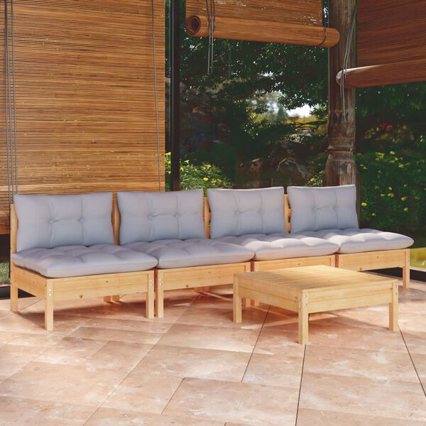 vidaXL Garden Lounge Set Grey, Pinewood Solid Pinewood, Polyester Large