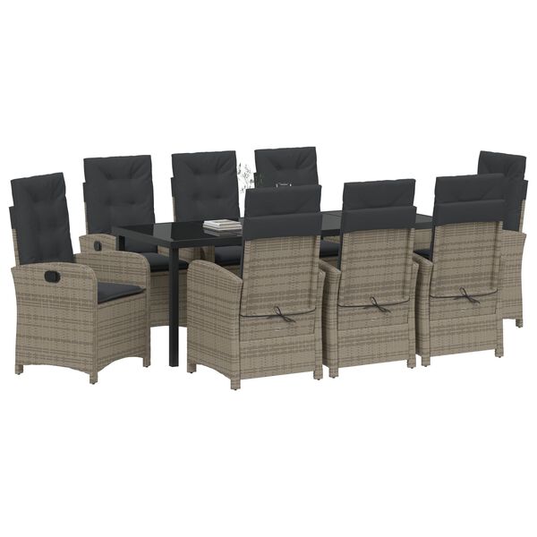 vidaXL Garden Dining Set with Cushion 9 pcs Grey Poly Rattan