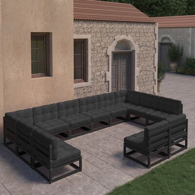 vidaXL 12 Piece Patio Lounge Set with Cushions Black Solid Pinewood