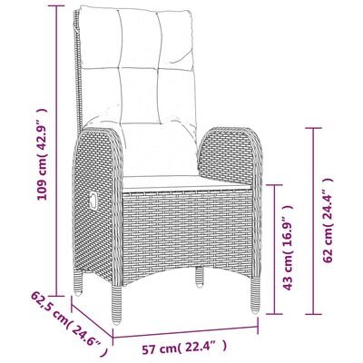 Dimension diagram of a single outdoor armchair showing measurements in cm and inches.