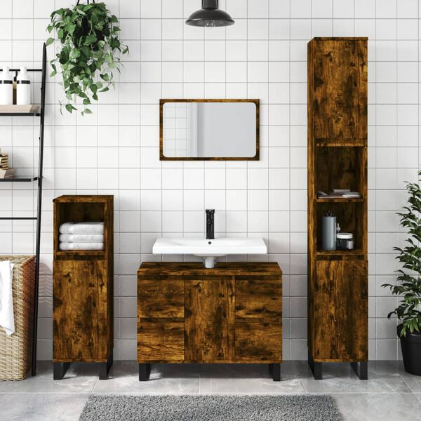 vidaXL Bathroom Cabinet Smoked Oak Engineered Wood, Iron Tall