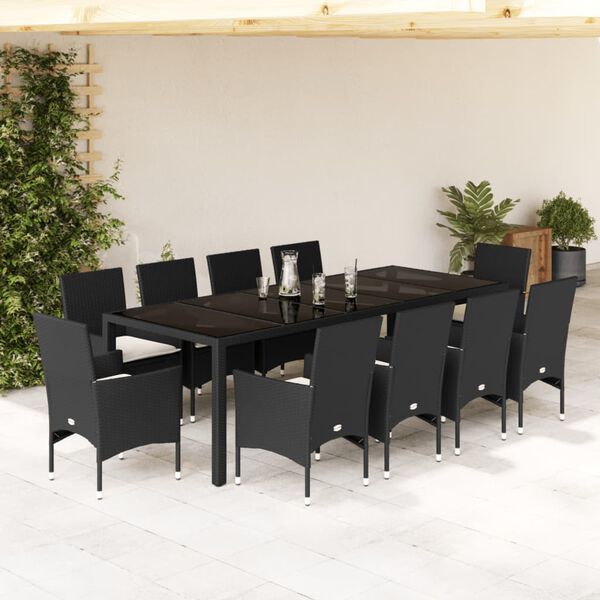 vidaXL 11 Piece Patio Dining Set with Cushions Black Poly Rattan and Glass
