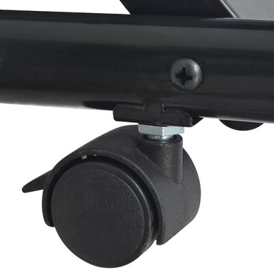 Close-up of a caster wheel mounted on the bottom frame with a locking mechanism.