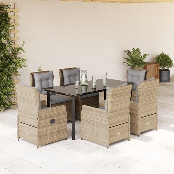 vidaXL 7 Piece Patio Dining Set with Cushions Beige Poly Rattan