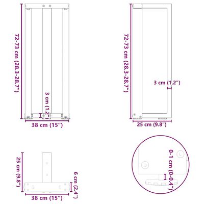 Technical drawing with dimensions of table legs and hardware