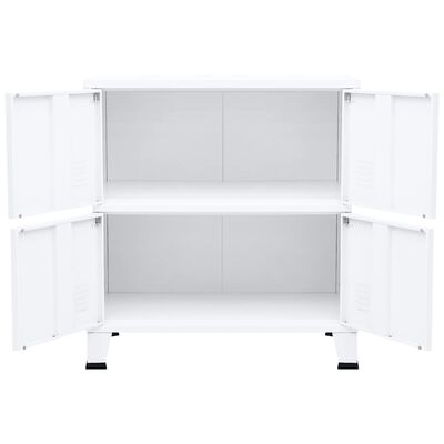 Open white cabinet showing two shelves inside