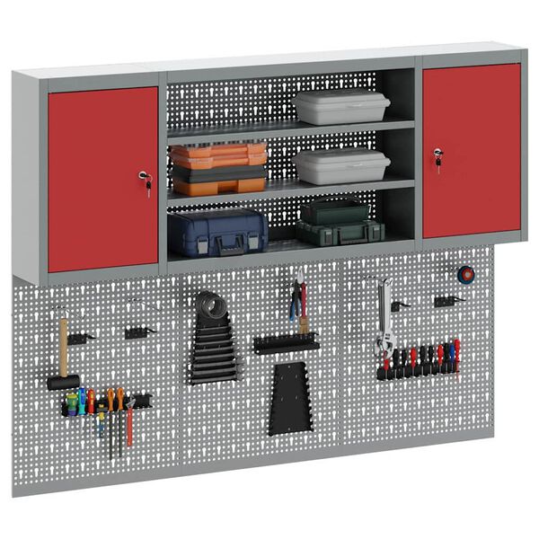 vidaXL Tool Cabinet and Pegboard Set 6 pcs Red 150 x 20 x 115 cm Steel