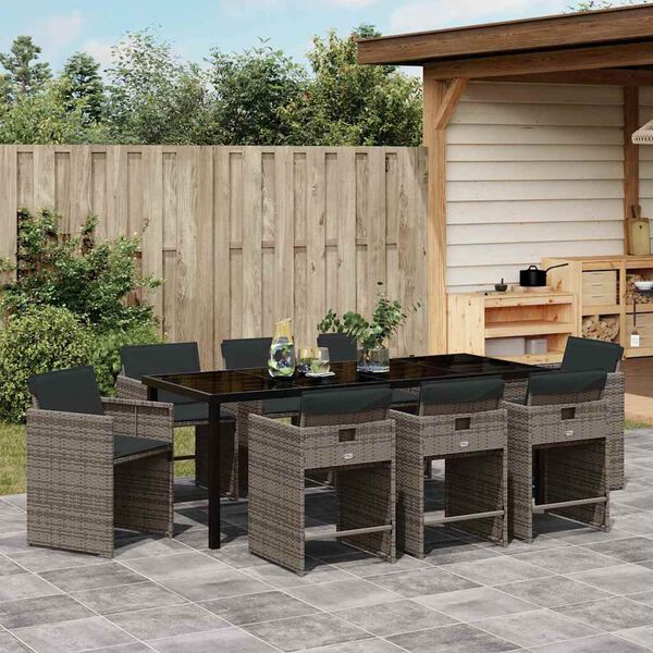 vidaXL Garden Dining Set with Cushion 9 pcs Grey Poly Rattan