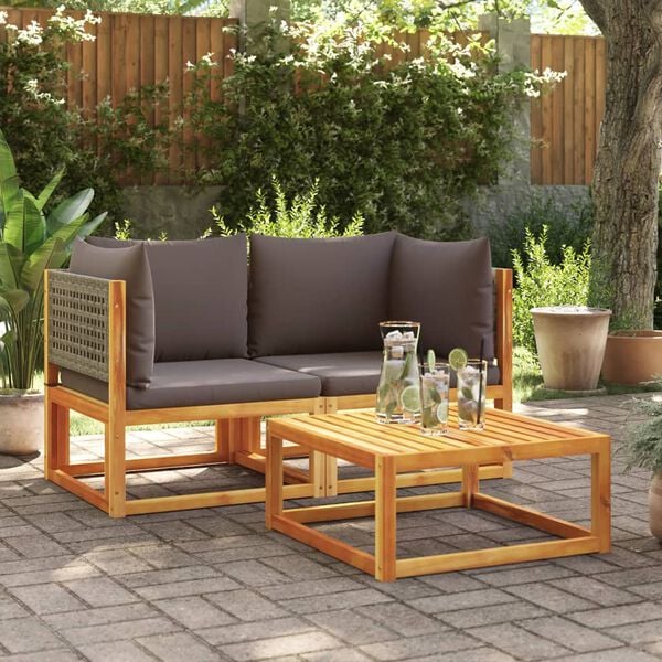 vidaXL Garden Sofa Grey Solid Acacia wood, PE rattan, 100% polyester fabric