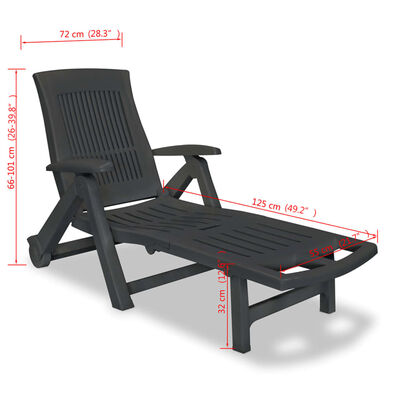 Product dimensions overlay on the lounge chair: height, length, seat height measurements
