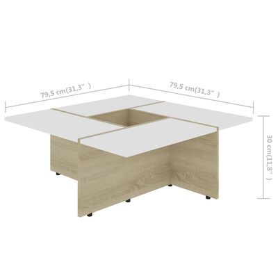 vidaXL Coffee Table White and Sonoma Oak 31.3"x31.3"x11.8" Engineered Wood