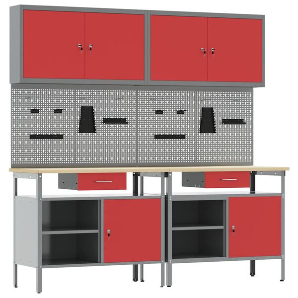 vidaXL Work Bench Set with Drawer with Shelf with Storage Red Steel
