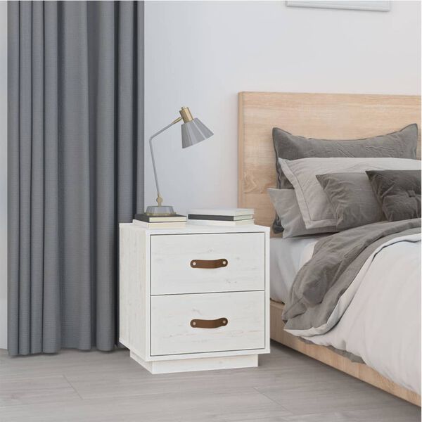 vidaXL Nightstand White Solid Pine Wood Medium Nightstand Rectangular