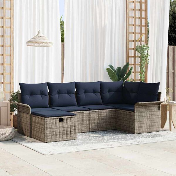 vidaXL Garden Sofa Set with Cushion 6 pcs Grey and Navy Poly Rattan