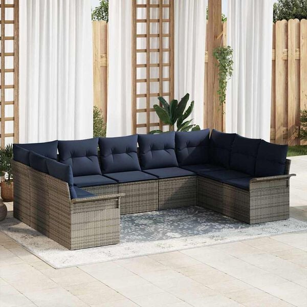 vidaXL Garden Sofa Set with Cushion 9 pcs Grey Poly Rattan