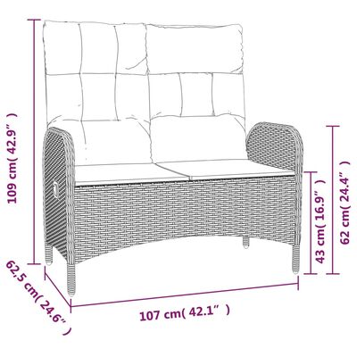 Dimension diagram of a outdoor loveseat showing measurements in cm and inches.