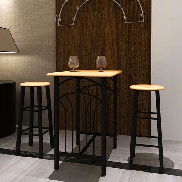 vidaXL Bar Table and Stool Black and Beige Wood and Steel Compact