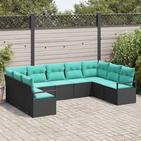 vidaXL Garden Sofa Set 9 pcs Black and Turquoise Poly Rattan