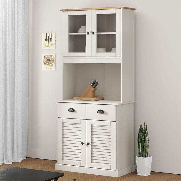vidaXL Highboard White Solid pine wood, engineered wood, metal, glass