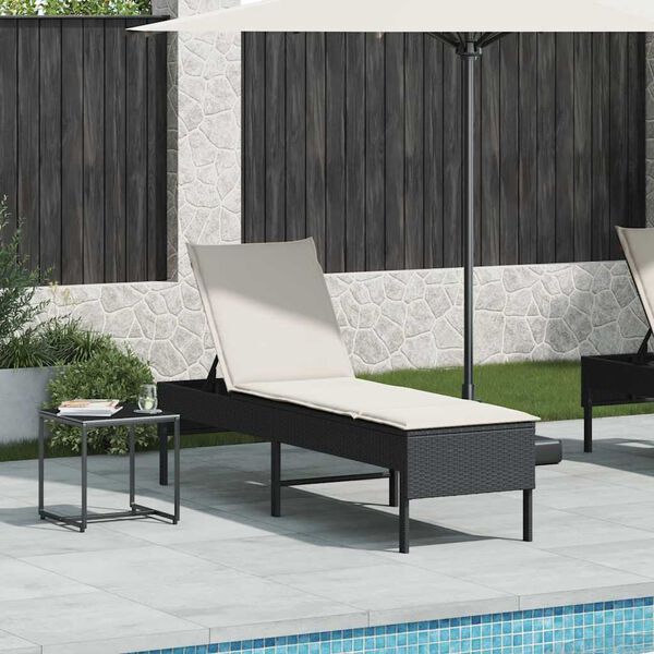 vidaXL Sun Lounger with Cushion Black 55x200x44cm Poly Rattan