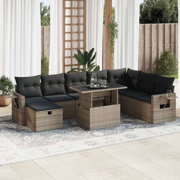 vidaXL Garden Sofa Set Grey PE rattan, powder-coated steel, tempered glass