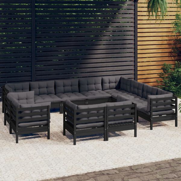 vidaXL Garden Lounge Set Black Solid Pinewood, 100% Polyester Fabric