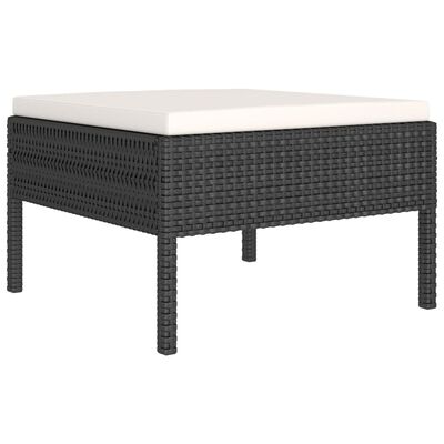 Dark wicker coffee table with matching white cushion-titted ottoman, no cushions visible