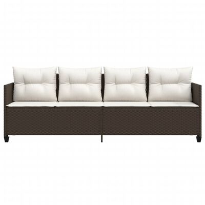 Brown outdoor wicker sofa with beige cushions, single long sectional showing multiple cushions.