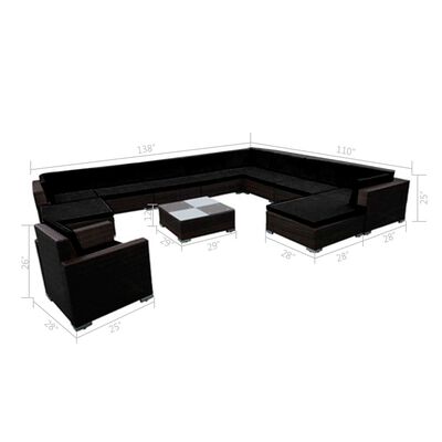 vidaXL 12 Piece Patio Lounge Set with Cushions Poly Rattan Black