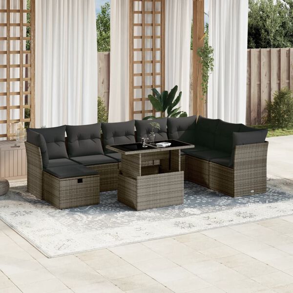vidaXL Garden Sofa Set Grey PE Rattan, Powder-Coated Steel, Polyester