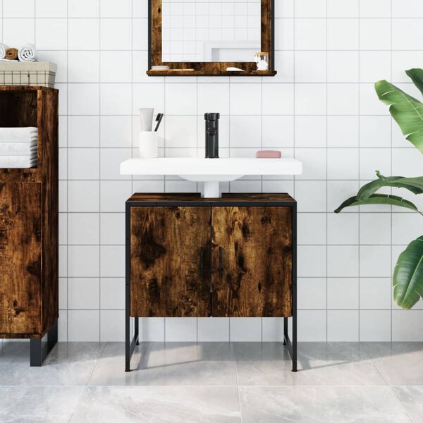 vidaXL Bathroom Sink Cabinet Smoked Oak Engineered Wood, Powder-Coated Steel