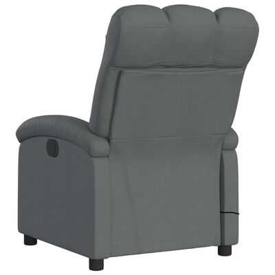 Back view of grey reclining chair showing stitching and recline mechanism cover.