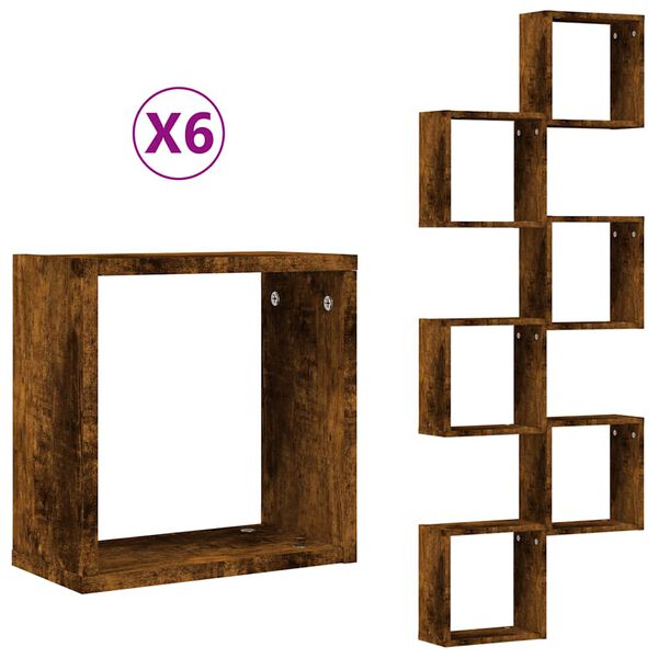 vidaXL Wall Cube Shelf Set of 6 Smoked Oak Engineered Wood Medium