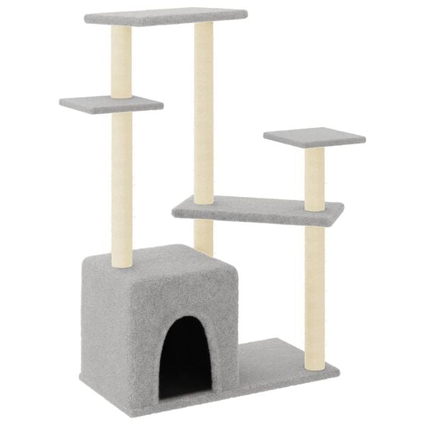 vidaXL Cat Tree Light Grey Engineered Wood, Plush, Sisal 42.3 in Tall