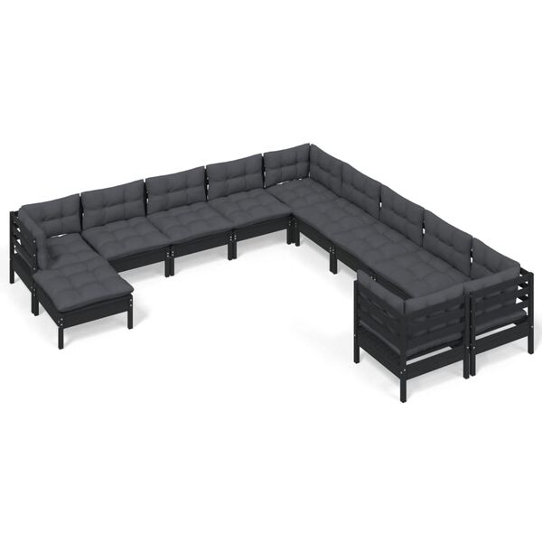 vidaXL Garden Lounge Set Black Solid pine wood, polyester fabric Large