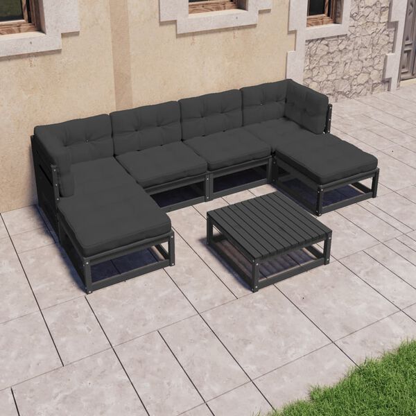vidaXL Garden Lounge Set Black, Anthracite Solid Pine Wood, 100% Polyester